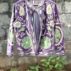 Womens Purple Velvet Embroidered Jacket with Floral Design