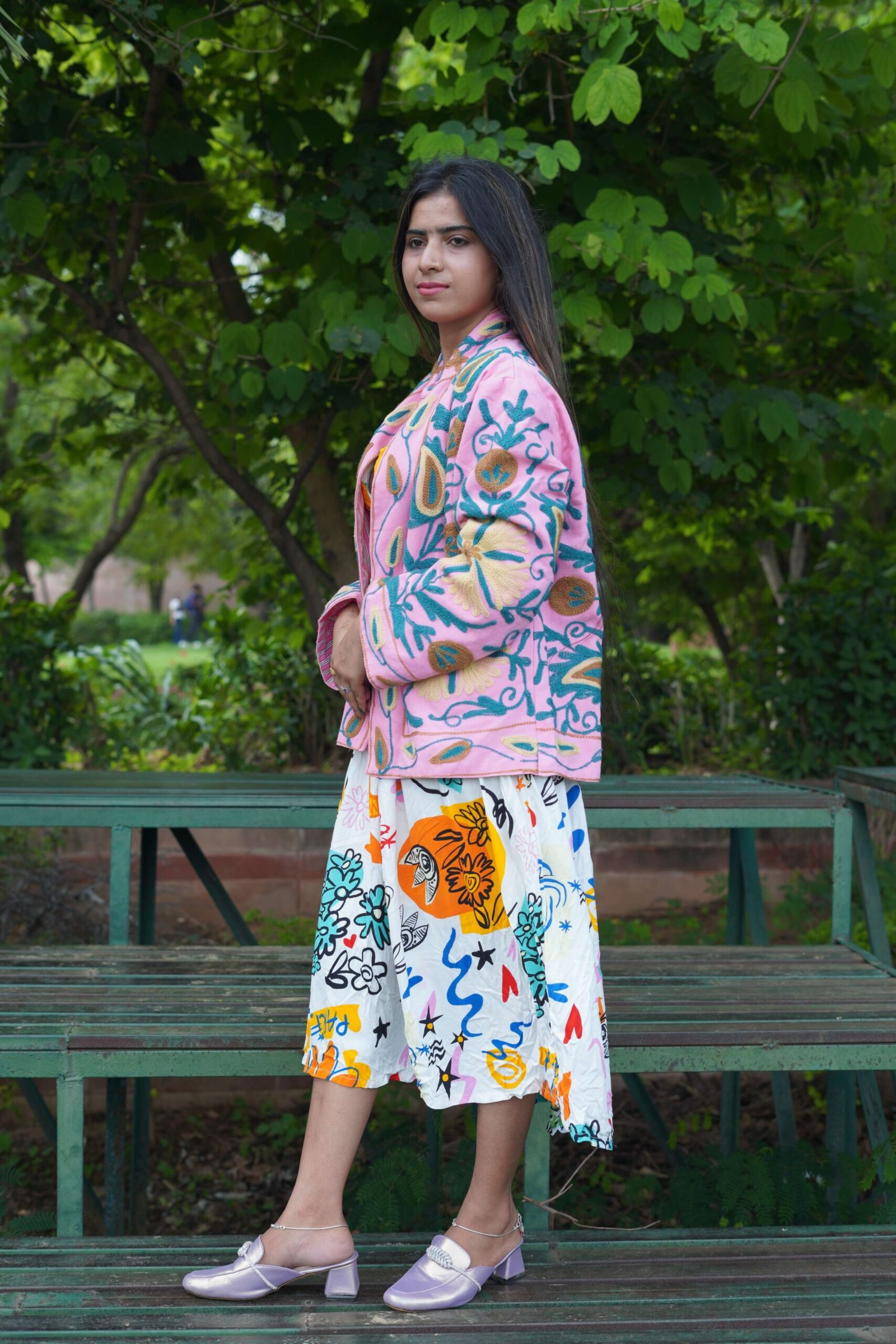 Womens Pink Velvet Embroidered Jacket with Floral Design - Image 2