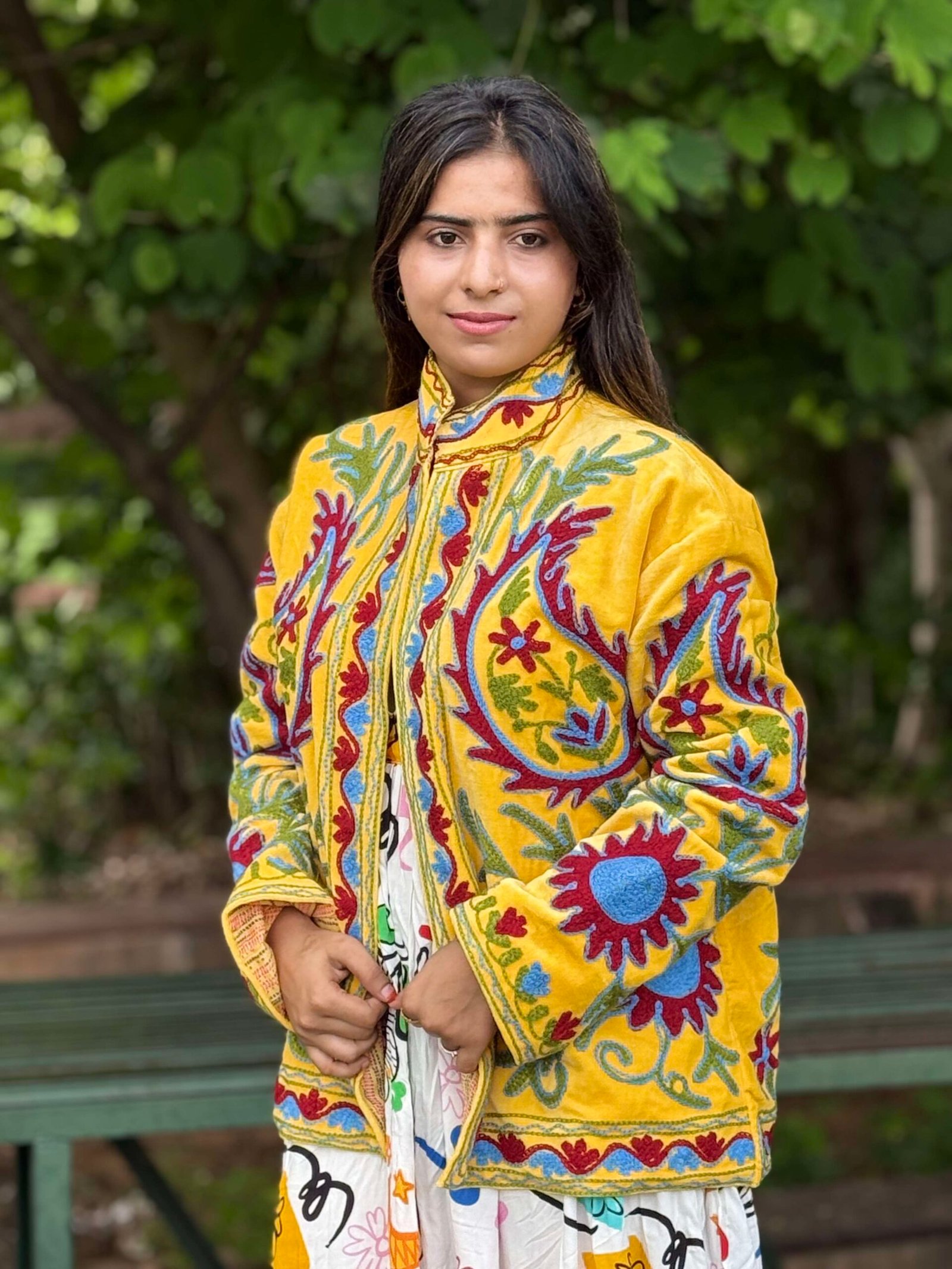 Womens Yellow Velvet Embroidered Jacket with Floral Design - Image 2
