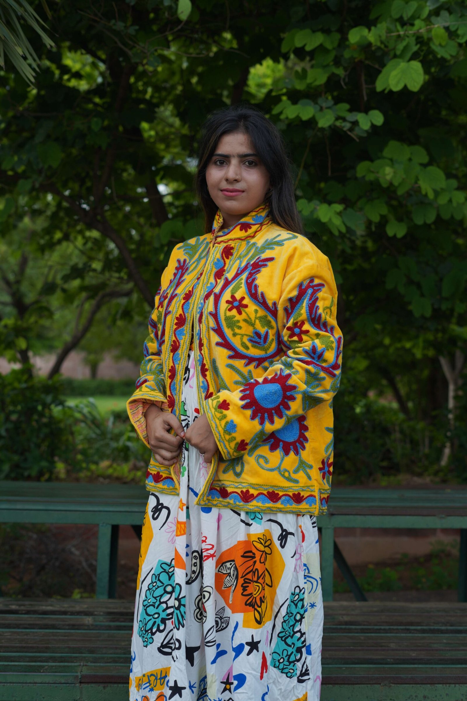 Womens Yellow Velvet Embroidered Jacket with Floral Design - Image 7
