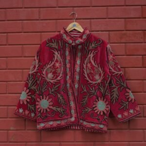 Womens Red Velvet Embroidered Jacket with Floral Design