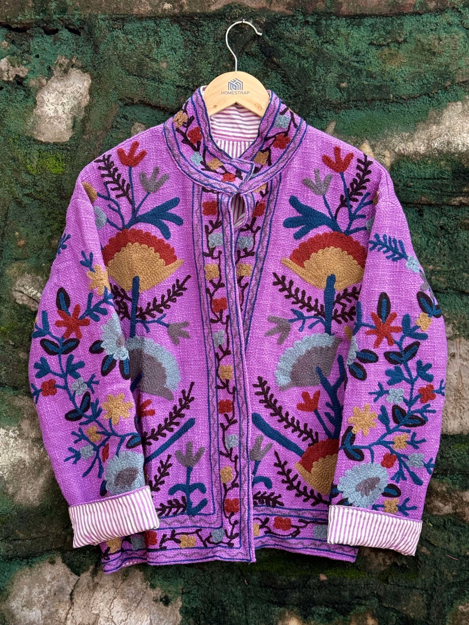 Womens Purple Velvet Embroidered Jacket with Floral Design