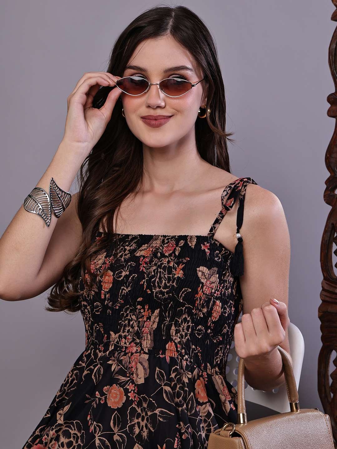 Women's Black Floral Printed Cotton Handkerchief Hem Dress Midi Dresses - Image 4